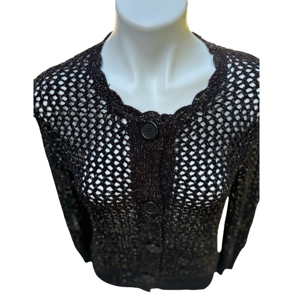 Black Chunky See Through Knit Cardigan Sweater with Gold Thread Sz M - Picture 3 of 10